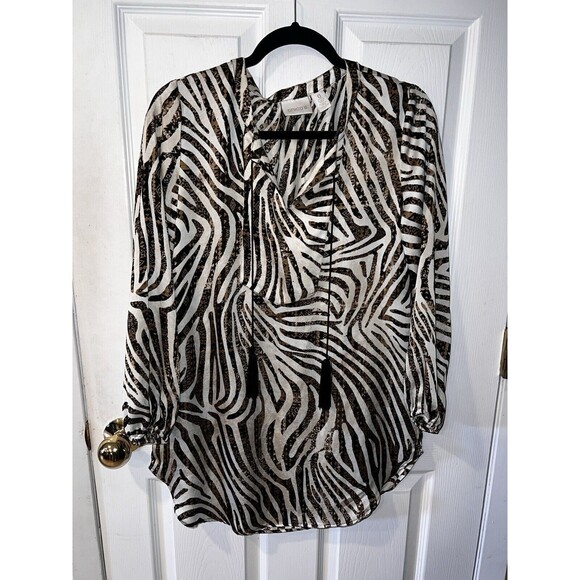 Chicos Blouse Womens Petite 0 Sz PS Top Brown Animal Zebra Tassel Shirt Mobwife - Picture 9 of 9